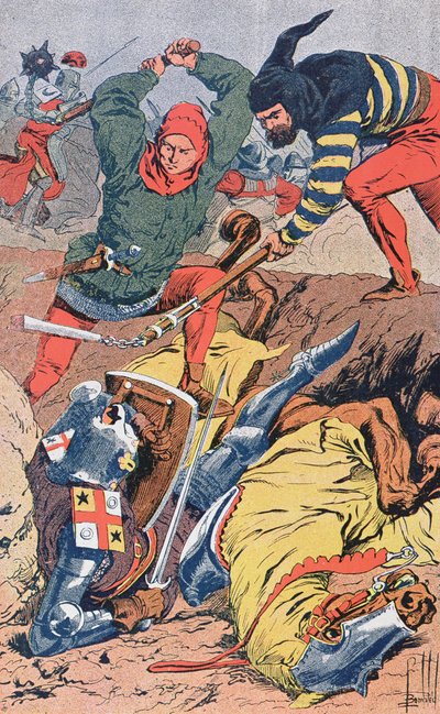 Flämische Bürger, die zu Fuß kämpfen, besiegen die gut gepanzerten und berittenen französischen Ritter in der Schlacht der Goldenen Sporen bei Courtrai im Jahr 1302, ca. 1900 von Louis Charles Bombled
